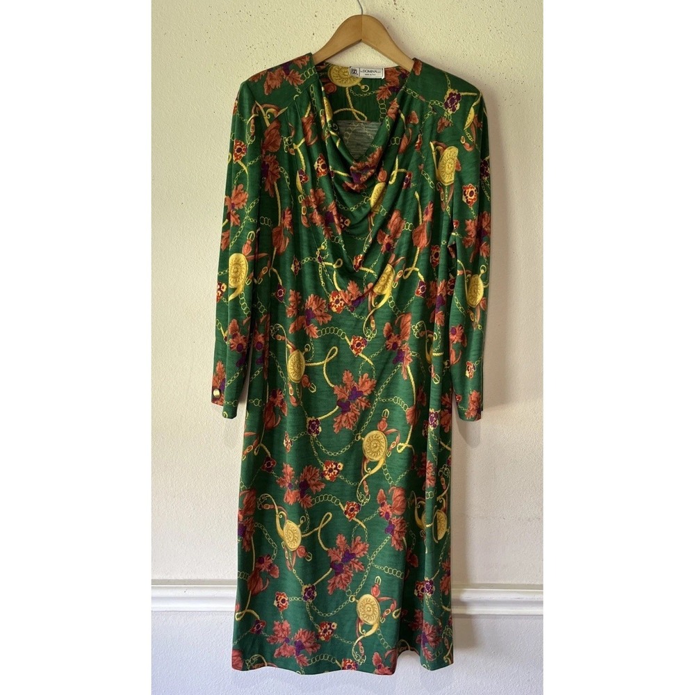 Vtg 1980 by Domina s.p.a Green Interlocking chain Drape Neck Wool Dress XL Italy